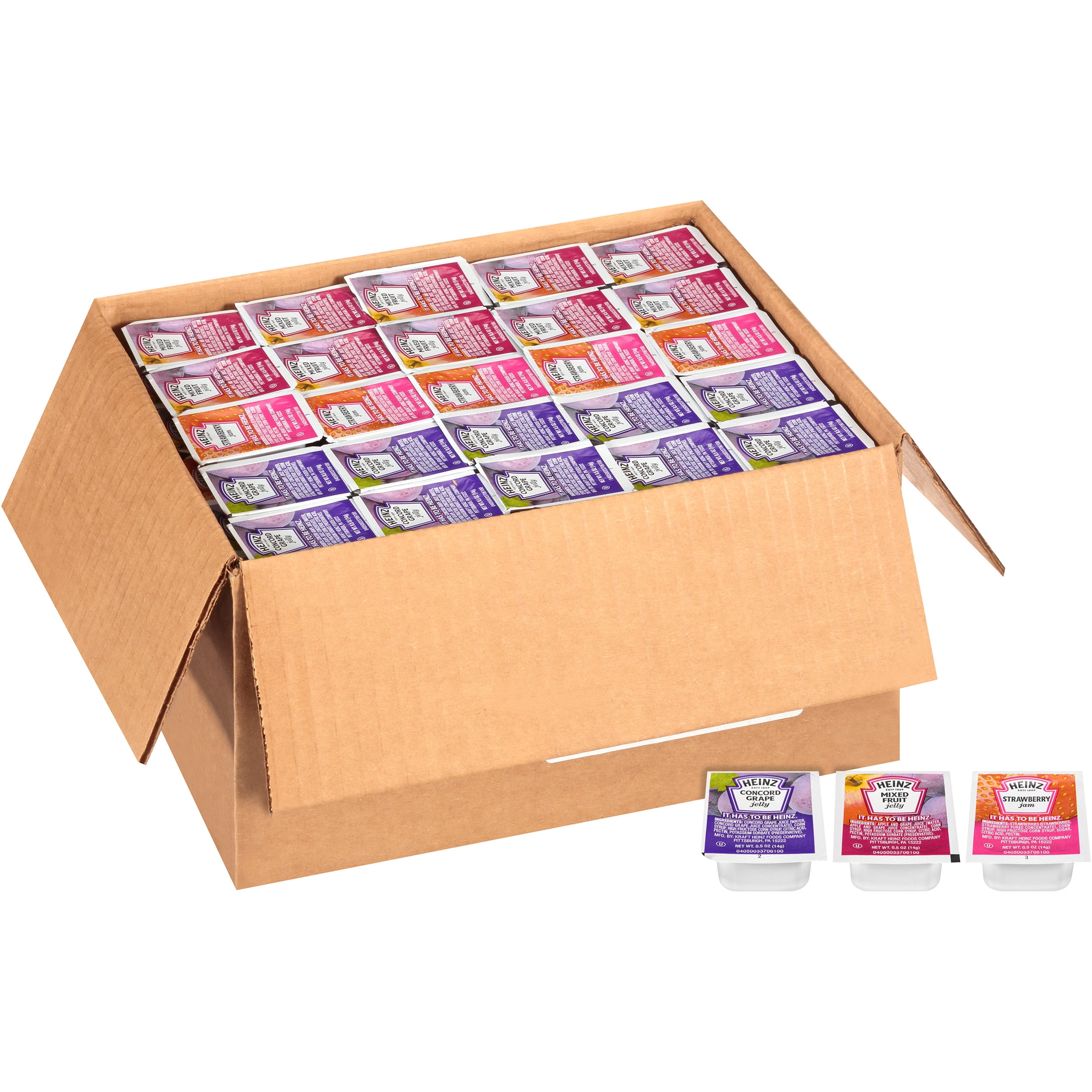 Heinz Single Serve Assorted Jelly/Jam, 0.5 oz. Cups, 200 per Case Heinz Single Serve Assorted Jelly/Jam, 0.5 oz. Cups, 200 per Case