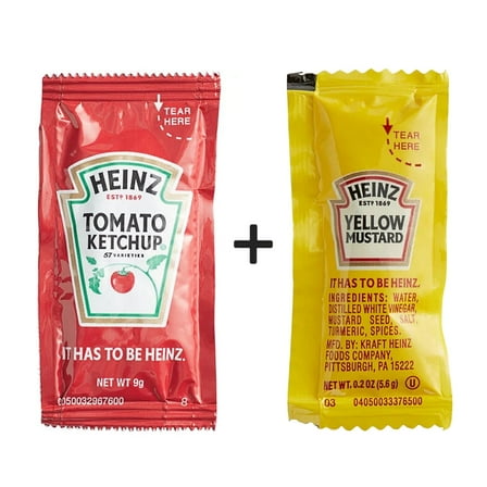 Heinz Tomato Ketchup + Yellow Mustard Single Serve Packets l Pack of 100
