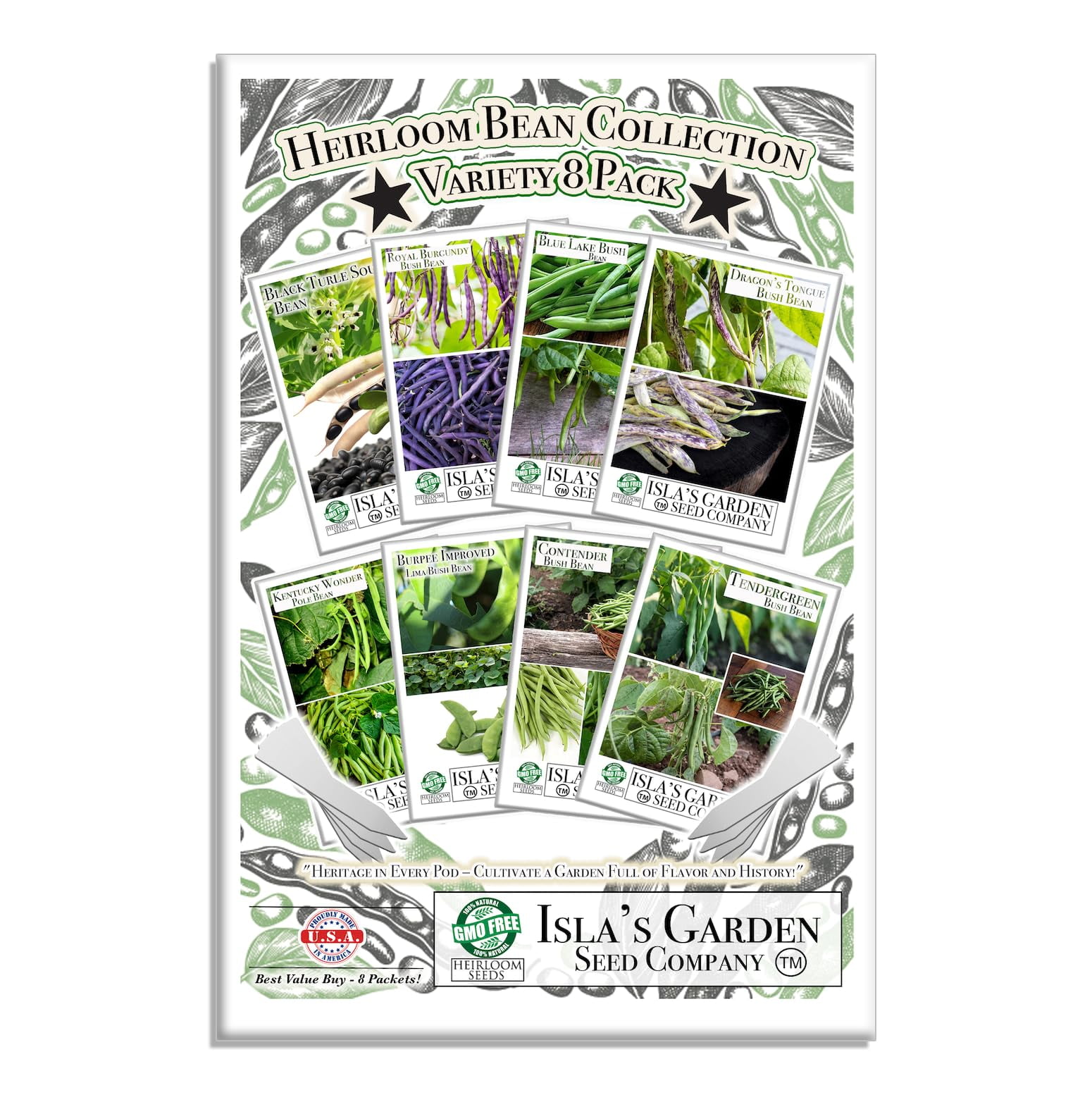 Heirloom Bean Collection TWE5 Variety 8Pack Kit by Isla’s Non GMO