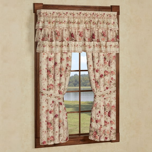 Heirloom Rose 2 Piece Window Treatment Set, Floral 63L Curtain Pair & Ruffled Valance