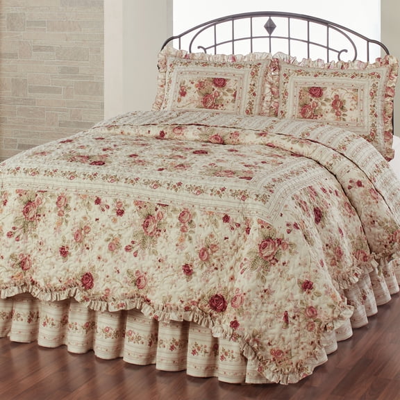 Heirloom Rose 4-Piece Full Bed Set, Vintage, Classic Floral Quilt with Bedskirt, & Shams