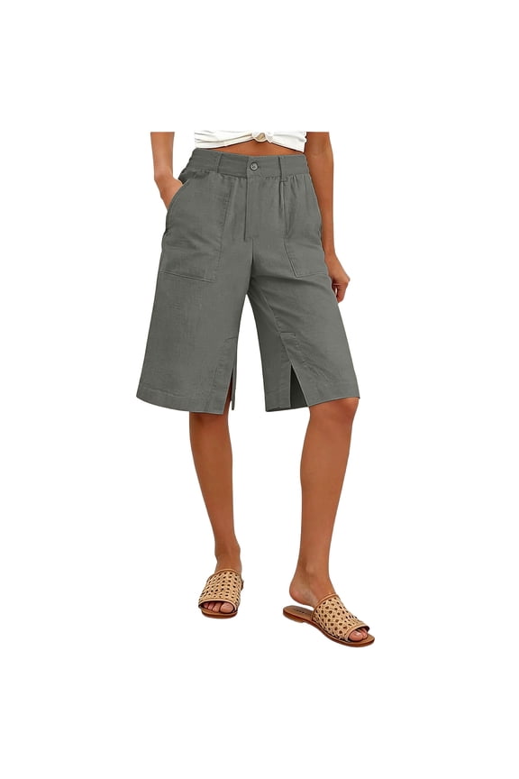 Bermuda Shorts for Women Summer Casual Knee Length Linen Shorts Elastic Waisted Side Split Button Short with Pockets