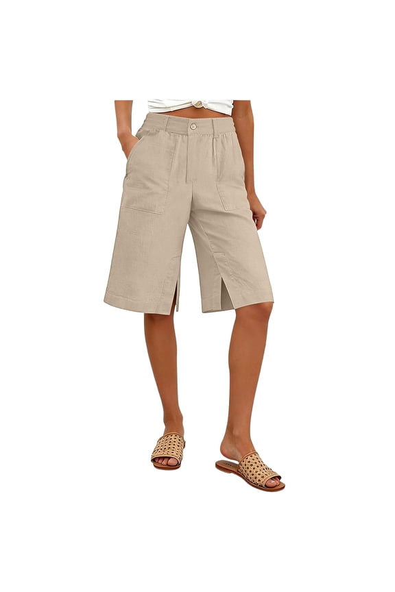 Bermuda Shorts for Women Summer Casual Knee Length Linen Shorts Elastic Waisted Side Split Button Short with Pockets