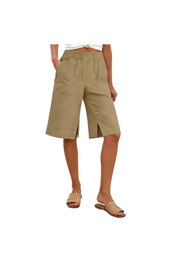 Bermuda Shorts for Women Summer Casual Knee Length Linen Shorts Elastic Waisted Side Split Button Short with Pockets
