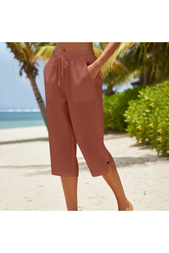 Capri Pants for Women Summer Casual Drawstring Linen Pants High Waist Straight Wide Leg Beach Cropped Trousers