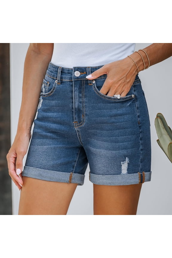 Jean Shorts Womens Stretchy High Waisted Ripped Denim Shorts with Pockets Trendy Distressed Cut Off Shorts