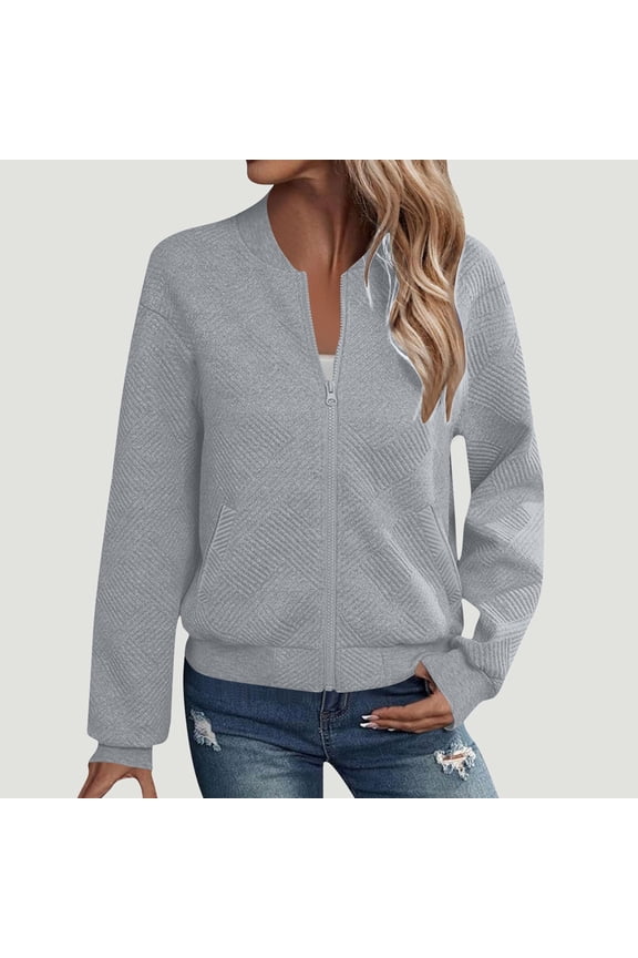 Ladies Long Sleeve Hoodless Pocket Zipper Solid Color Jacket
