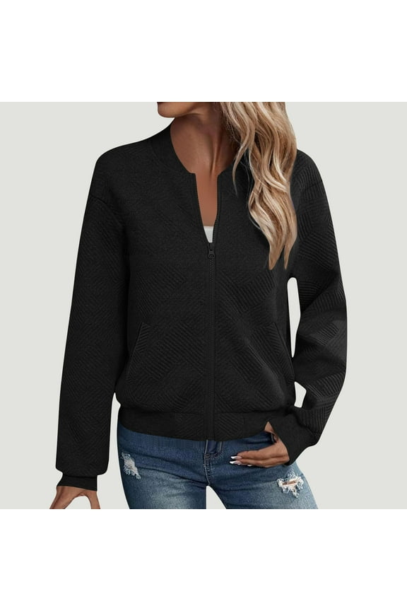 Ladies Long Sleeve Hoodless Pocket Zipper Solid Color Jacket