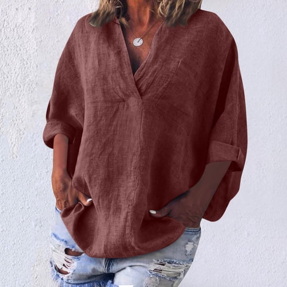 Heisall Linen Shirts for Women Oversized Vintage Tops Summer Vacation Boho Tops Long Sleeve Cotton Linen Shirt Beach Blouses
