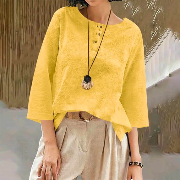 Heisall Linen Tops for Women 3/4 Sleeve Crew Neck Cotton Shirts Casual Jacquard Boho Blouse