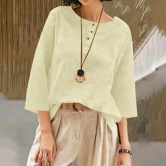 Heisall Linen Tops for Women 3/4 Sleeve Crew Neck Cotton Shirts Casual Jacquard Boho Blouse