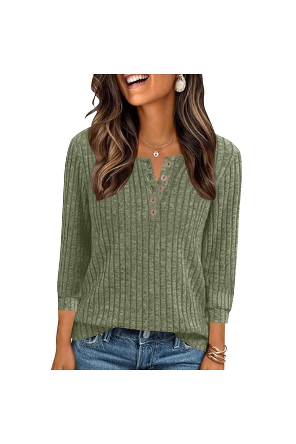 Long Sleeve Henley Shirts Women's Business Casual Lightweight Tunic Sweater Tops