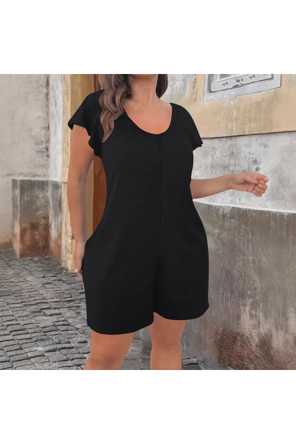 Rompers for Women Short Sleeve V-Neck Loose Casual Jumpsuit Shorts with Pockets