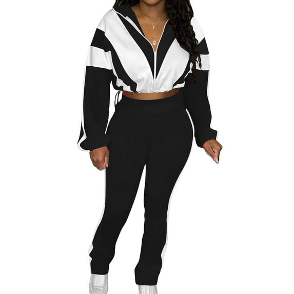 Heisall Two Piece Lounge Sets for Women Polyester Spandex Color Block High Waisted Drawstring Pants and Tops Fall Winter Sports Tracksuits