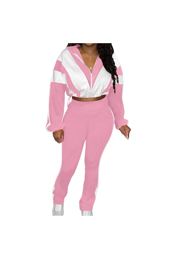 Two Piece Lounge Sets for Women Polyester Spandex Color Block High Waisted Drawstring Pants and Tops Fall Winter Sports Tracksuits