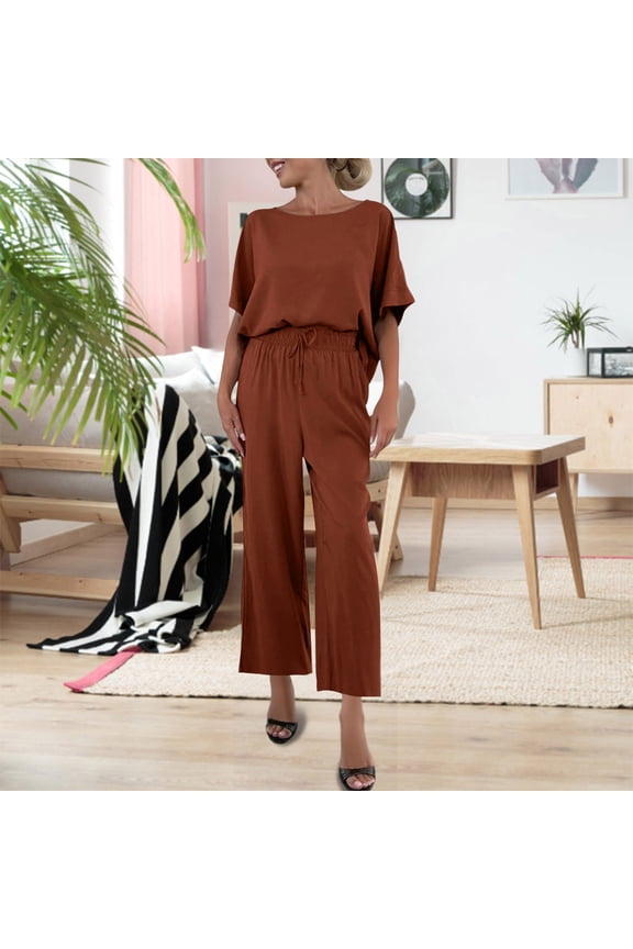 Two Piece Outfits for Women Short Sleeve Top and Long Pants Casual Matching Set with Pockets Summer Wear