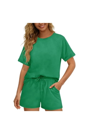 Two Piece Outfits for Women Solid Crew Neck Short Sleeve Top & Shorts Casual Summer Set