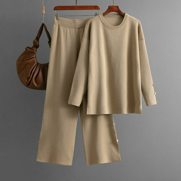 Heisall Two Piece Sets for Women Acrylic Knitted Pullover Tops and Pants Crew Neck Long Sleeve Winter Casual Lounge Sets
