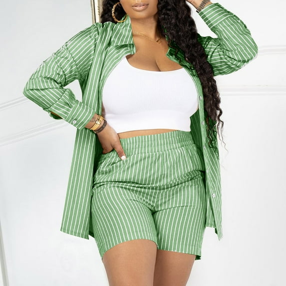Heisall Two Piece Sets for Women Long Sleeve Lapel Shirt with Pockets Vertical Striped Summer Casual Outfits