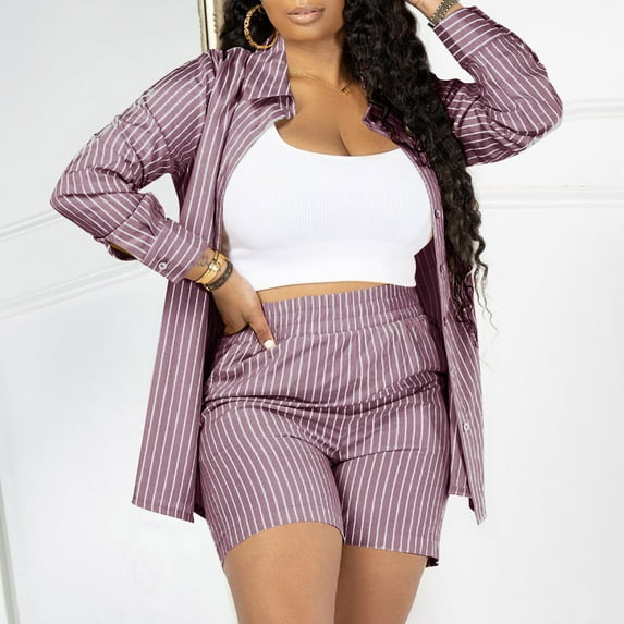 Heisall Two Piece Sets for Women Long Sleeve Lapel Shirt with Pockets Vertical Striped Summer Casual Outfits