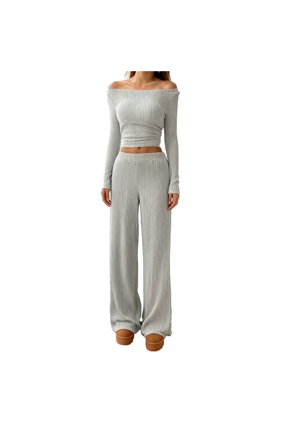 Two Piece Sets for Women Ribbed Off-Shoulder Round Neck Lounge Set with Pockets Winter Casual