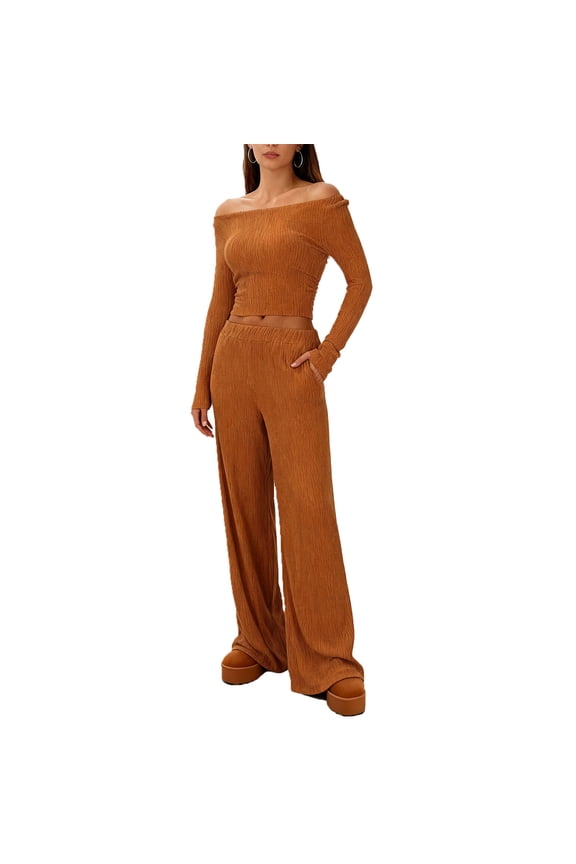 Two Piece Sets for Women Ribbed Off-Shoulder Round Neck Lounge Set with Pockets Winter Casual