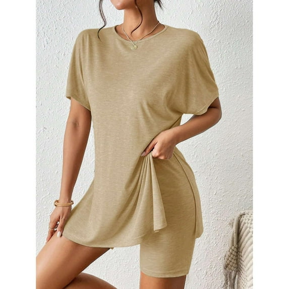 Heisall Two Piece Sets for Women Round Neck Long Sleeve Slit Top and Tight Shorts Casual Lounge Sets