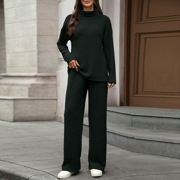 Heisall Two Piece Sets for Women Round Neck Long Sleeve Tops and Wide Leg Pants with Pockets Casual Lounge Sets Vacation Travel Outfits