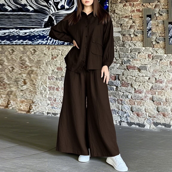 Heisall Two Piece Sets for Women V Neck Long Sleeve Tops and Wide Leg Pants Casual Lounge Sets Vacation Travel Outfits