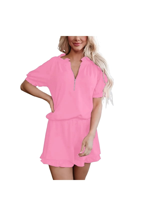 Two Piece Sets for Women V Neck Short Sleeve Zipper Casual Set with Splicing Color Summer and Spring Outfits