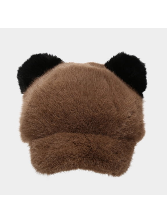 Unisex Winter Warm Fuzzy Baseball Cap with Cute Panda Ears, Adjustable Sun Hat for Men and Women, Preppy Style