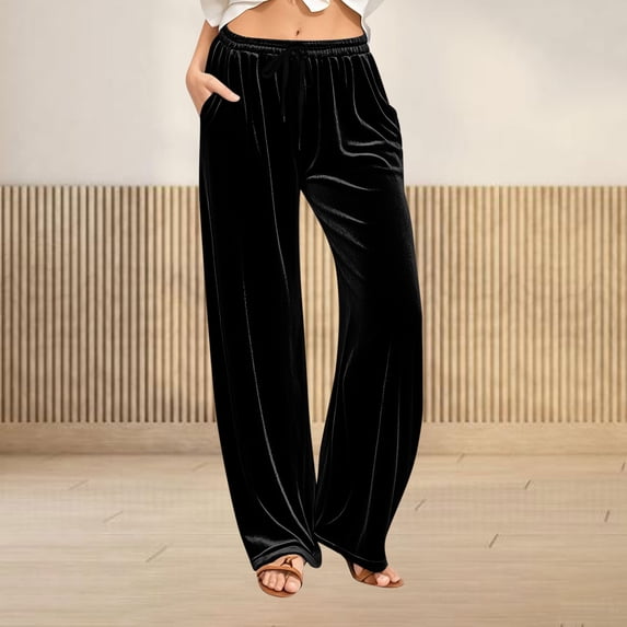 Heisall Velvet Pants Women Lounge Comfy Velour Flare Pant Casual Wide Leg High Waisted Drawstring with Pockets