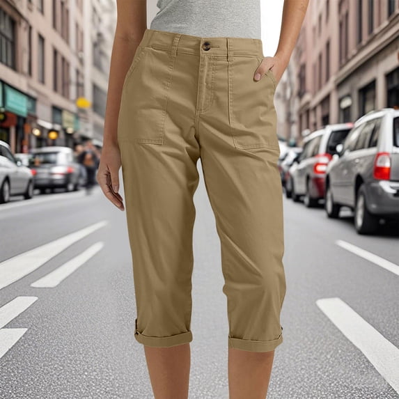 Heisall Women Capri Pants Summer Casual Hiking Pants Elastic Waist Rolled Hem Dressy Capris Pull On Cotton Capri Pant