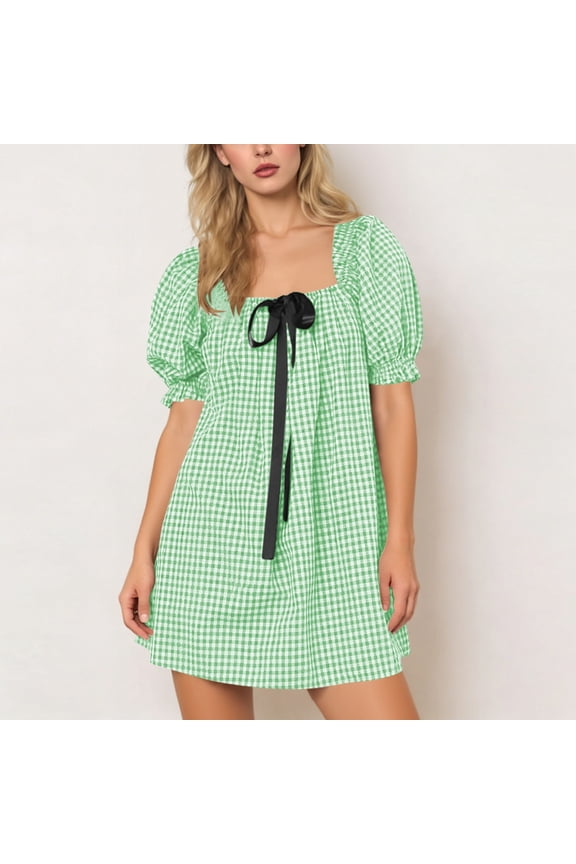 Women Gingham Short Dress Puff Sleeve Bow Tie Square Neck Plaid A-Line Babydoll Mini Dress