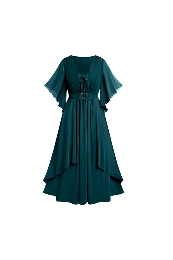 Women Medieval Gothic Dress Victorian Flare Sleeve Chiffon Ruffle Formal Mother of The Bride Maxi Wedding Guest