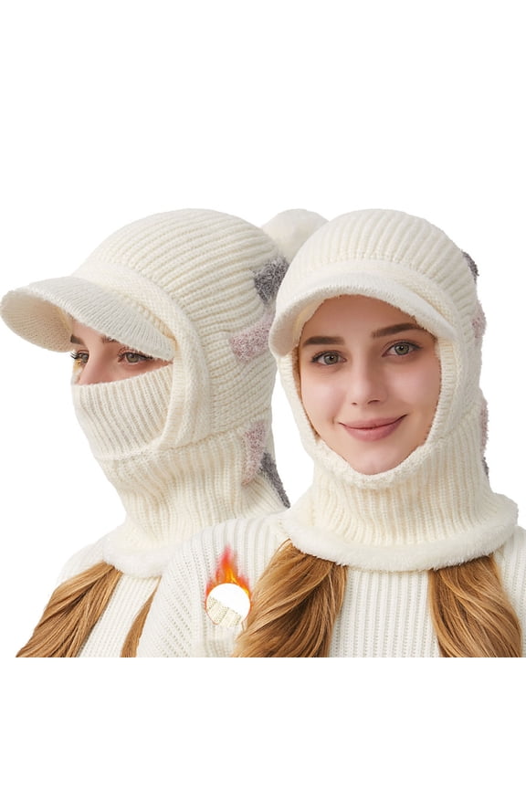 Women's 2-in-1 Winter Knitted Hat with Ear Protection, Brim, and Attached Scarf for Cold Weather Outdoor Activities