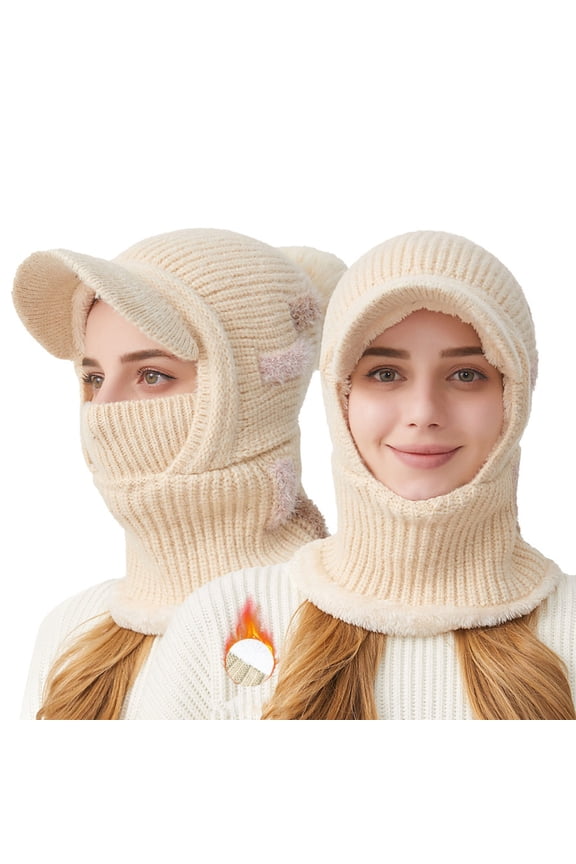 Women's 2-in-1 Winter Knitted Hat with Ear Protection, Brim, and Attached Scarf for Cold Weather Outdoor Activities