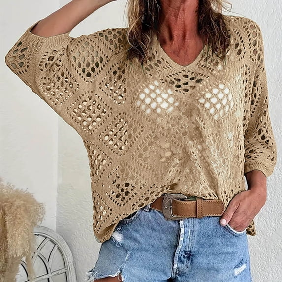 Heisall Women's 3/4 Sleeve Crochet Tops V Neck Hollow Out Knit Loose Fit Casual Tops Lightweight Breathable Spring Summer Outfits
