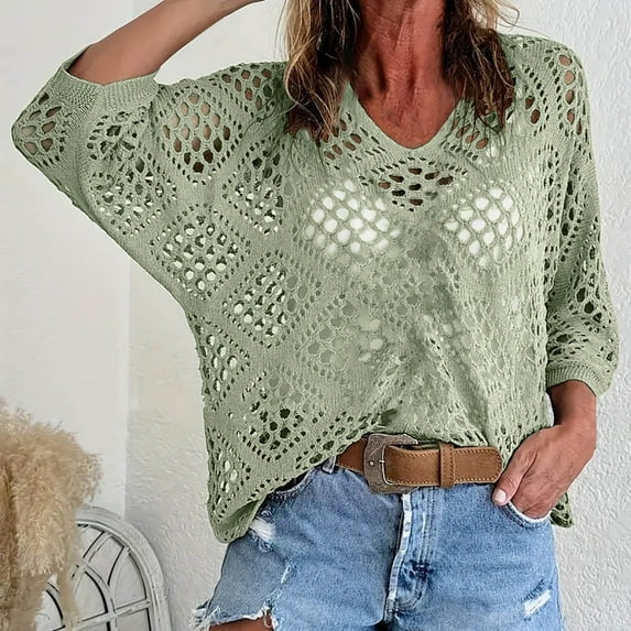 Heisall Women's 3/4 Sleeve Crochet Tops V Neck Hollow Out Knit Loose Fit Casual Tops Lightweight Breathable Spring Summer Outfits