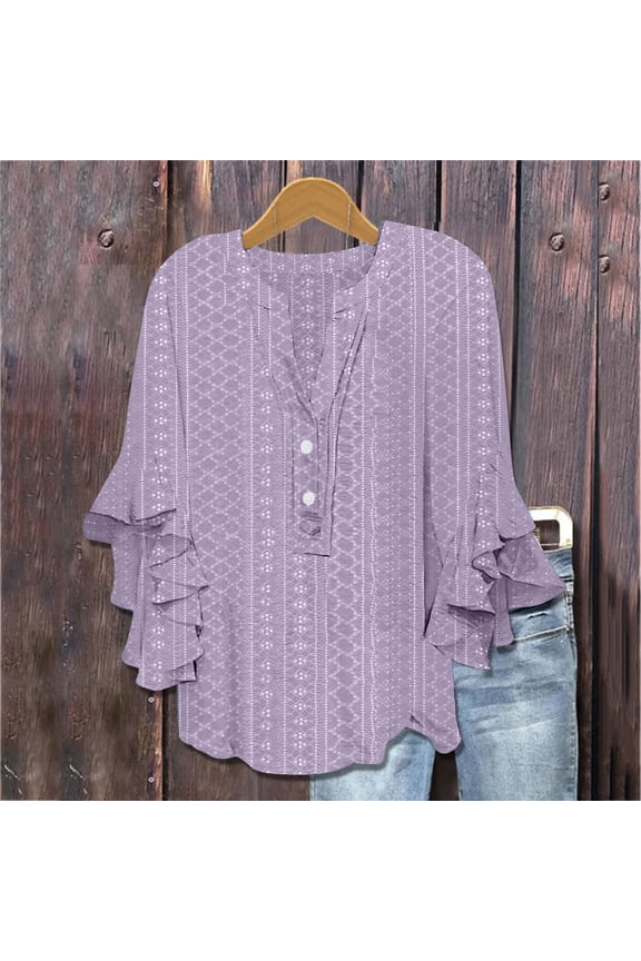 Women's 3/4 Sleeve Tops Eyelet Dressy Casual V Neck Blouses T Shirts Flowy Shirts Ruffles Hem Trendy Elegant Blouse