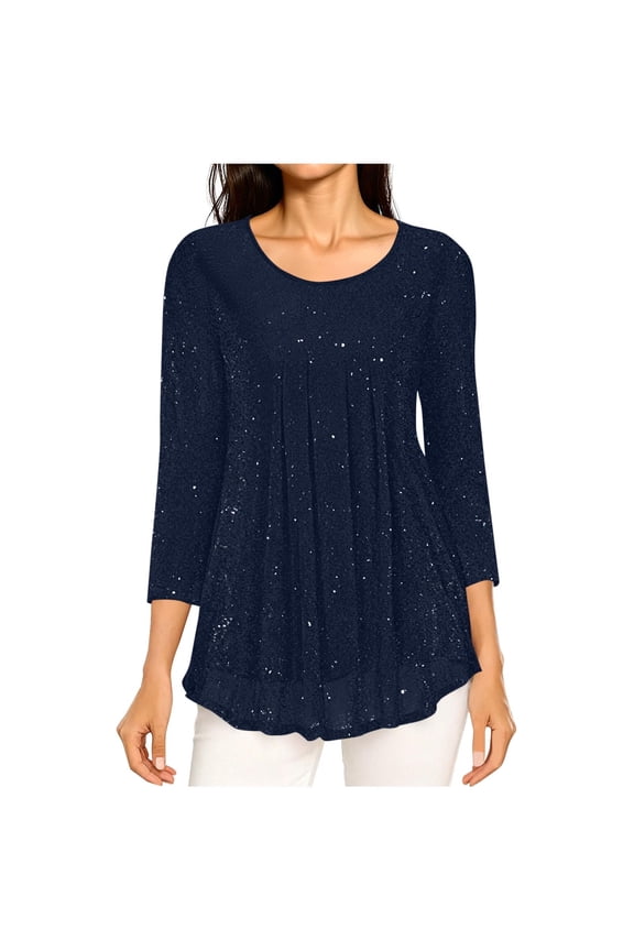 Women's 3/4 Sleeve Tunic Tops Casual Loose Fit Floral Blouses Mesh Pleated Layered Shirt