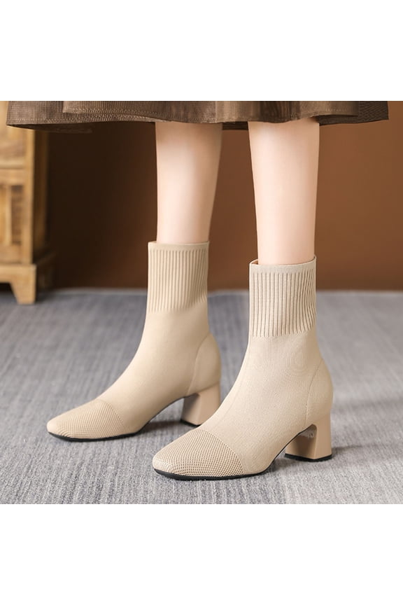Women's Ankle Boots Knit Stretch Sock Boots Pointed Toe Chunky High Heel Solid Color Casual Fashion