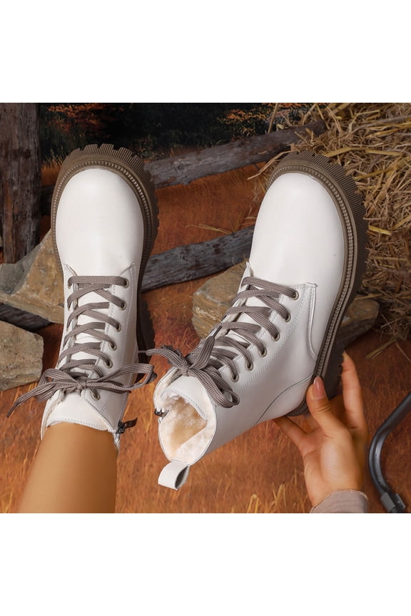 Women's Ankle Boots Winter Plush Warm Lined Casual Fashion Solid Color Round Toe Side Zipper Front Lace-Up Chunky Low Heel