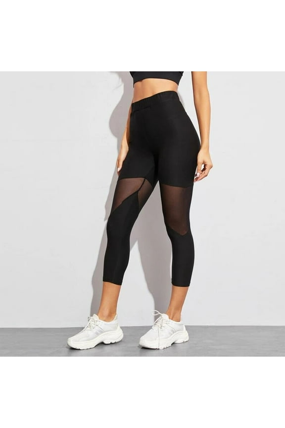 Women's Black Mesh Patchwork High Waisted Leggings Stretch Athletic Yoga Pants Workout Casual Pants S-XL