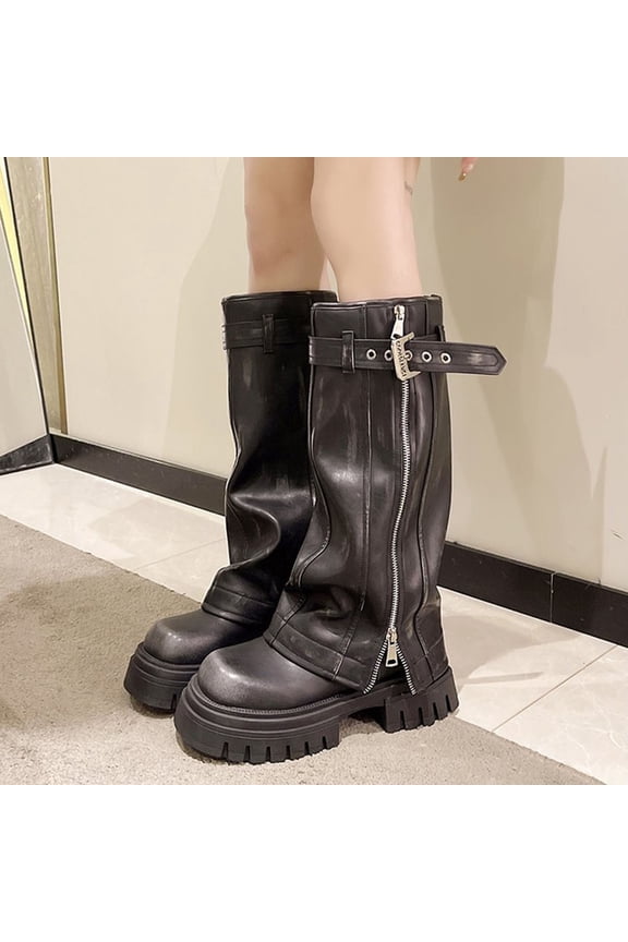 Women's Boots Chunky Shaft Wide Calf Plus Size Autumn Winter Comfortable Riding Retro Western Style Solid Color Versatile Chic Eye-Catching Mid-Calf Boots