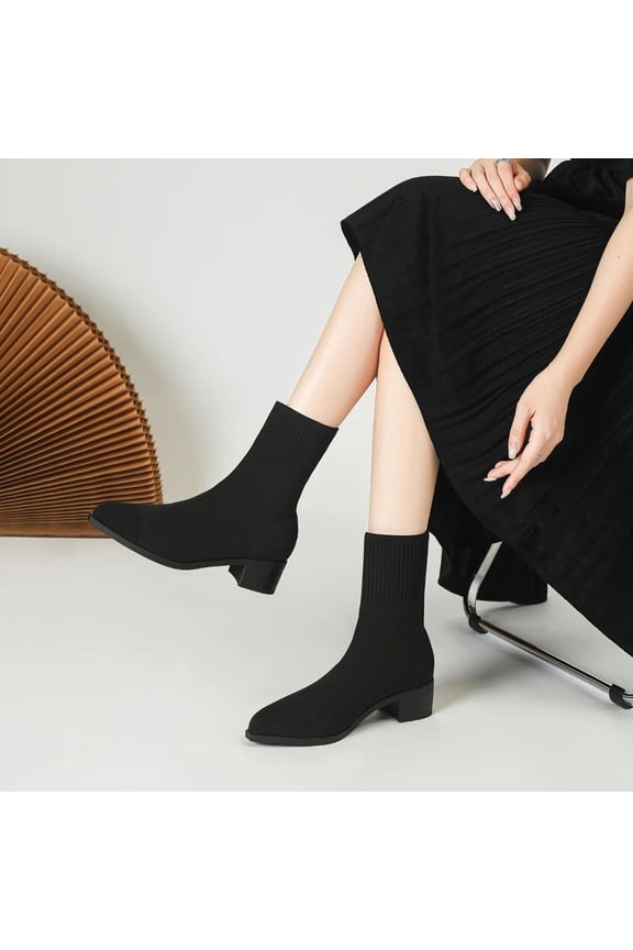 Women's Boots Knit Stretch Short Shaft Sock Boots Solid Color Pointed Toe Chunky High Heel Ankle Boots Fashion Casual