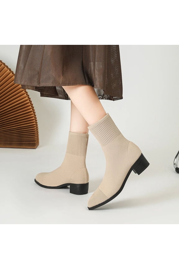 Women's Boots Knit Stretch Short Shaft Sock Boots Solid Color Pointed Toe Chunky High Heel Ankle Boots Fashion Casual