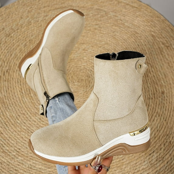 Heisall Women's Boots Suede Wedge Heel Ankle Boots, Solid Color Plus Size Autumn Winter Comfortable Height Increasing Warm Side Zipper Slimming