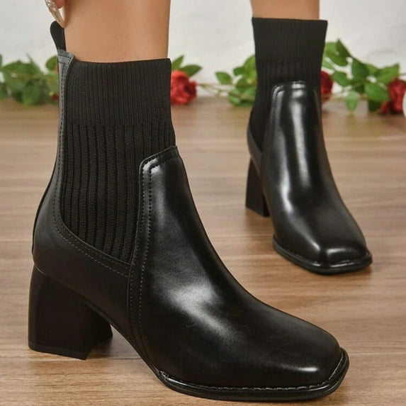 Heisall Women's Boots Winter Ankle Boots Short Shaft Solid Color Contrast Square Toe Knit Elastic Collar Chunky Heel High Heel Casual Fashion