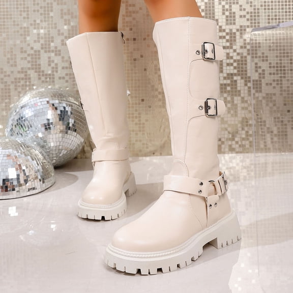 Heisall Women's Boots Winter Long Straight Knee High Boots Solid Color Round Toe Side Zipper Thick Sole Chunky Low Heel Fashion Casual